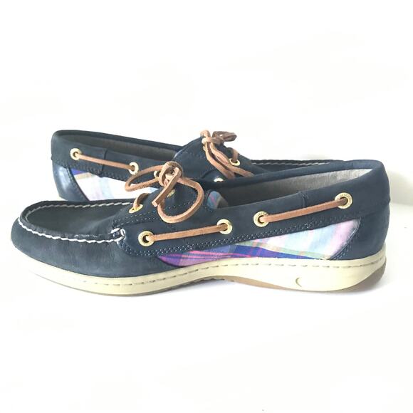 Sperry Top Siders Size 8.5 M Womens Leather Madras Plaid Navy Blue - Picture 7 of 10